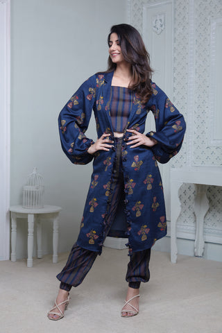 Navy Printed Jacket Textured Spagetti Bustier and Harem Pants