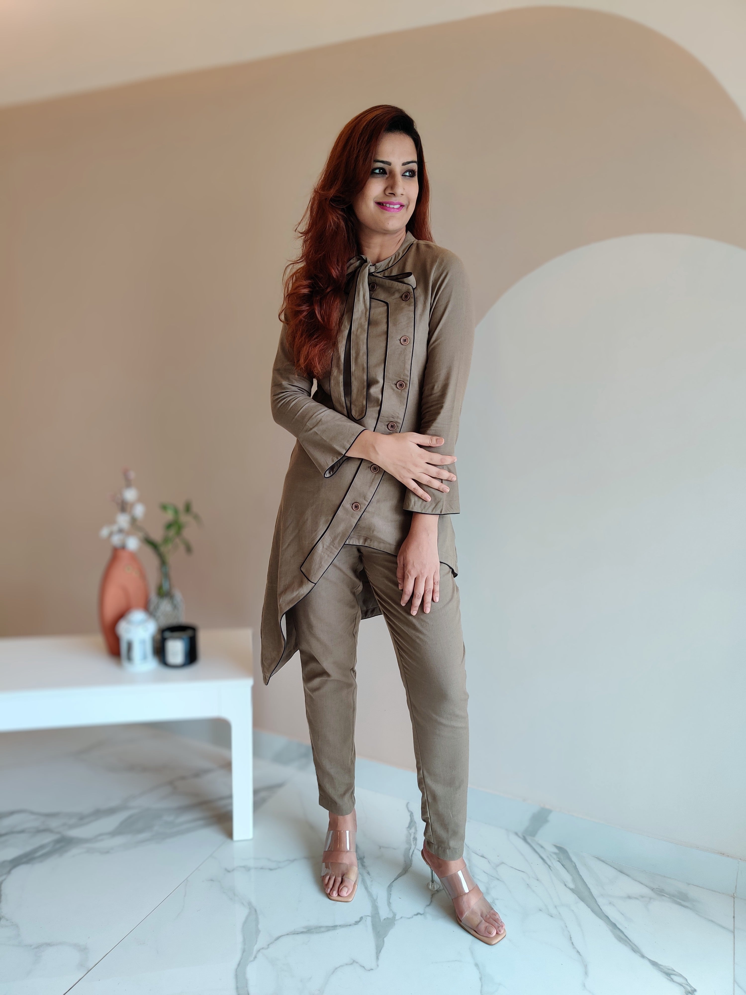 KHAKHEE ASYMMETRIC LONG JACKET PAIRED WITH FITTED PANTS