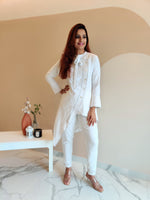 Load image into Gallery viewer, WHITE ASYMMETRIC LONG JACKET PAIRED WITH FITTED PANTS
