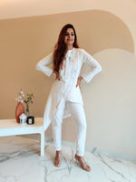 Load image into Gallery viewer, WHITE ASYMMETRIC LONG JACKET PAIRED WITH FITTED PANTS
