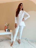 Load image into Gallery viewer, WHITE ASYMMETRIC LONG JACKET PAIRED WITH FITTED PANTS
