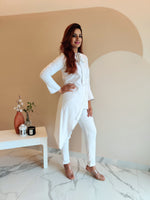 Load image into Gallery viewer, WHITE ASYMMETRIC LONG JACKET PAIRED WITH FITTED PANTS
