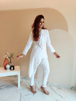 Load image into Gallery viewer, WHITE ASYMMETRIC LONG JACKET PAIRED WITH FITTED PANTS
