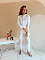 Load image into Gallery viewer, WHITE ASYMMETRIC LONG JACKET PAIRED WITH FITTED PANTS
