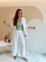 Load image into Gallery viewer, WHITE BELL-BOTTOM PANT WITH LONG BLAZER AND PRINTED VESTCOAT
