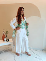 Load image into Gallery viewer, WHITE BELL-BOTTOM PANT WITH LONG BLAZER AND PRINTED VESTCOAT
