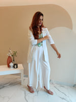 Load image into Gallery viewer, WHITE BELL-BOTTOM PANT WITH LONG BLAZER AND PRINTED VESTCOAT
