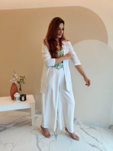 WHITE BELL-BOTTOM PANT WITH LONG BLAZER AND PRINTED VESTCOAT