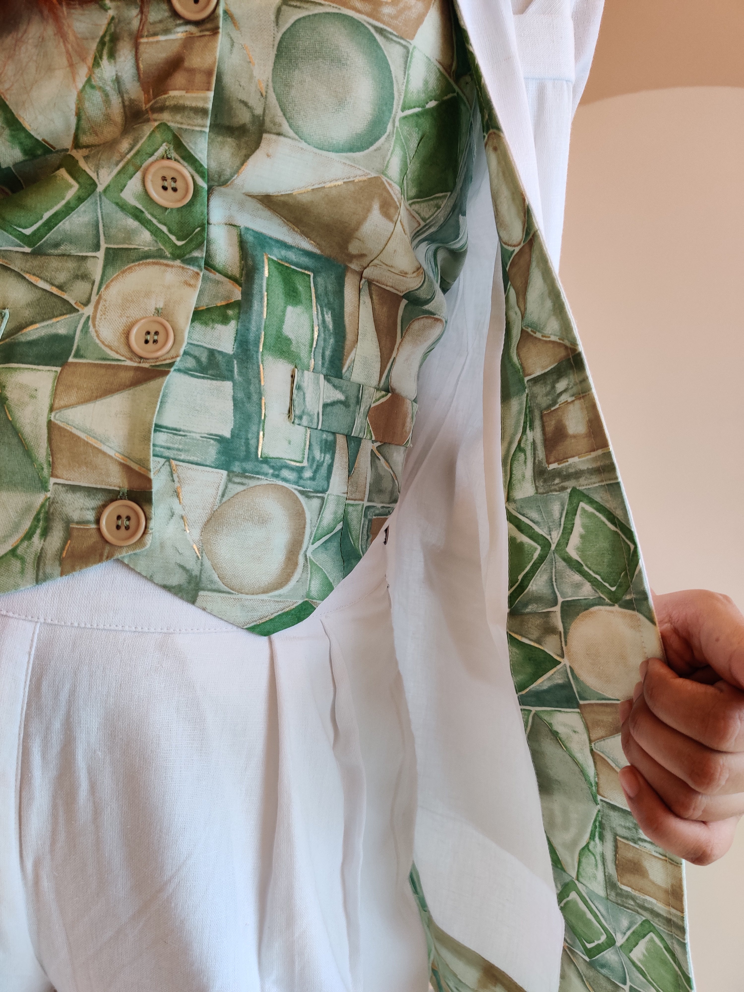 WHITE BELL-BOTTOM PANT WITH LONG BLAZER AND PRINTED VESTCOAT