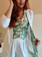 Load image into Gallery viewer, WHITE BELL-BOTTOM PANT WITH LONG BLAZER AND PRINTED VESTCOAT
