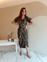Load image into Gallery viewer, OLIVE FLORAL PRINT DHOTI DRESS WITH TULIP SLEEVE

