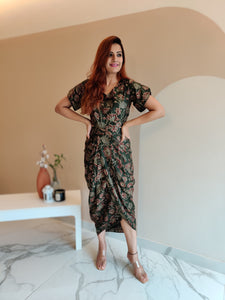OLIVE FLORAL PRINT DHOTI DRESS WITH TULIP SLEEVE