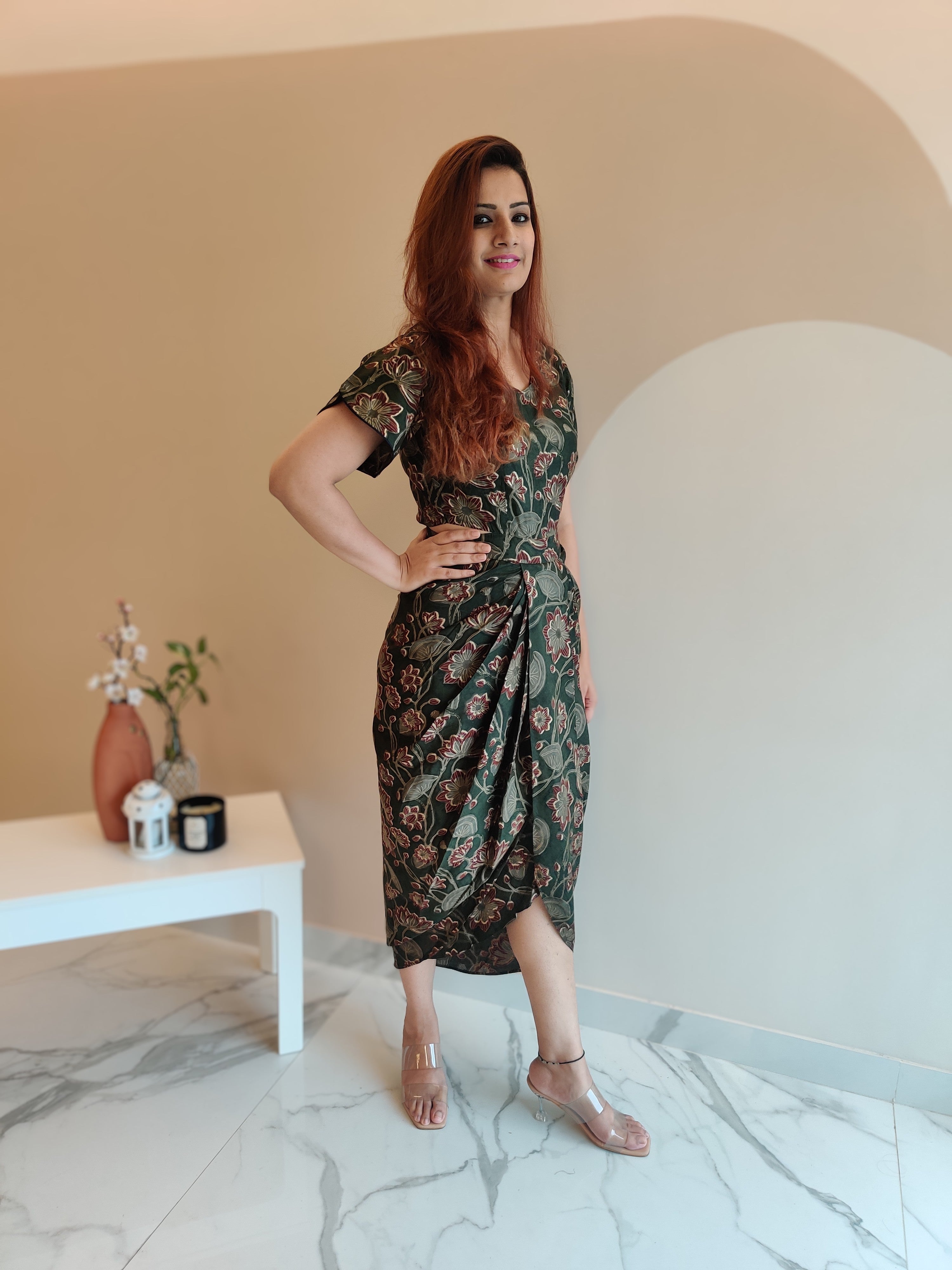 OLIVE FLORAL PRINT DHOTI DRESS WITH TULIP SLEEVE
