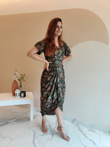 OLIVE FLORAL PRINT DHOTI DRESS WITH TULIP SLEEVE