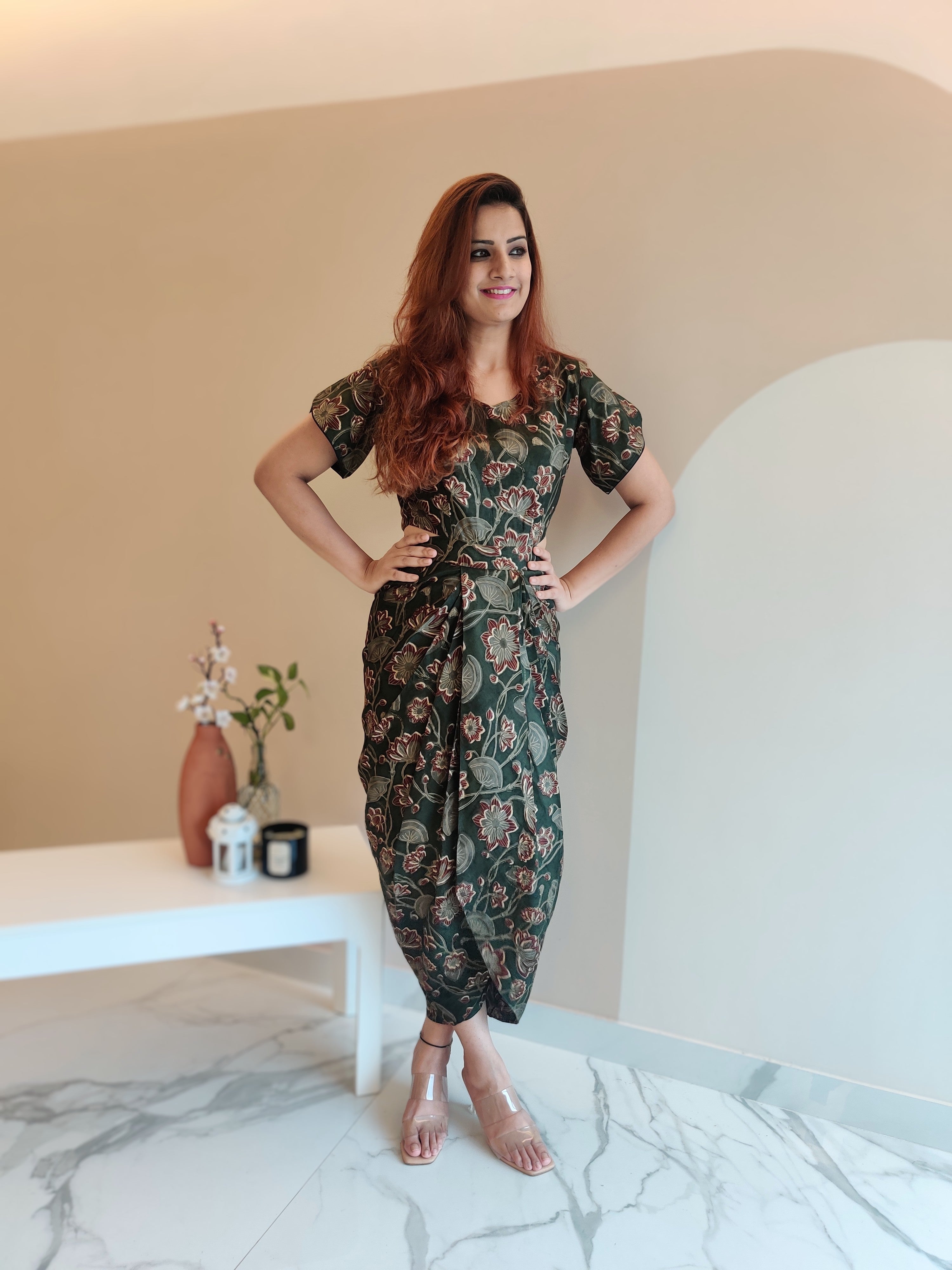 OLIVE FLORAL PRINT DHOTI DRESS WITH TULIP SLEEVE