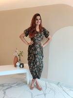 Load image into Gallery viewer, OLIVE FLORAL PRINT DHOTI DRESS WITH TULIP SLEEVE
