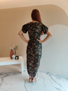 OLIVE FLORAL PRINT DHOTI DRESS WITH TULIP SLEEVE