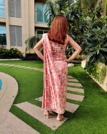 Load image into Gallery viewer, RED ABSTRACT PRINTED SHELLED SKIRT SAREE WITH ATTACHED FRONT PALLU AND SLEEVELESS SHIRT BLOUSE
