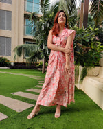 Load image into Gallery viewer, RED ABSTRACT PRINTED SHELLED SKIRT SAREE WITH ATTACHED FRONT PALLU AND SLEEVELESS SHIRT BLOUSE
