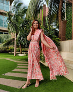Load image into Gallery viewer, RED ABSTRACT PRINTED SHELLED SKIRT SAREE WITH ATTACHED FRONT PALLU AND SLEEVELESS SHIRT BLOUSE
