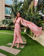 Load image into Gallery viewer, RED ABSTRACT PRINTED SHELLED SKIRT SAREE WITH ATTACHED FRONT PALLU AND SLEEVELESS SHIRT BLOUSE
