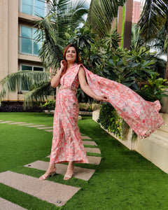 RED ABSTRACT PRINTED SHELLED SKIRT SAREE WITH ATTACHED FRONT PALLU AND SLEEVELESS SHIRT BLOUSE