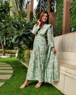 Load image into Gallery viewer, GREEN ABSTRACT PRINTED SHELLED SKIRT SAREE WITH ATTACHED FRONT PALLU AND SHIRT BLOUSE
