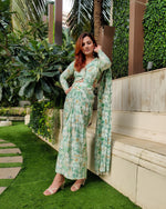 Load image into Gallery viewer, GREEN ABSTRACT PRINTED SHELLED SKIRT SAREE WITH ATTACHED FRONT PALLU AND SHIRT BLOUSE
