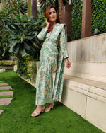 Load image into Gallery viewer, GREEN ABSTRACT PRINTED SHELLED SKIRT SAREE WITH ATTACHED FRONT PALLU AND SHIRT BLOUSE
