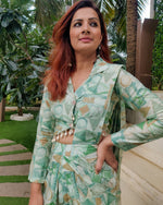 Load image into Gallery viewer, GREEN ABSTRACT PRINTED SHELLED SKIRT SAREE WITH ATTACHED FRONT PALLU AND SHIRT BLOUSE
