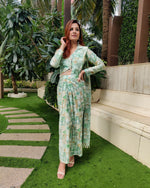 Load image into Gallery viewer, GREEN ABSTRACT PRINTED SHELLED SKIRT SAREE WITH ATTACHED FRONT PALLU AND SHIRT BLOUSE
