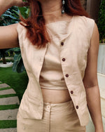 Load image into Gallery viewer, BEIGE SLEEVELESS JACKET PAIRED HIGH NECK TUBE TOP AND INVERTED PLEATED PANTS SET
