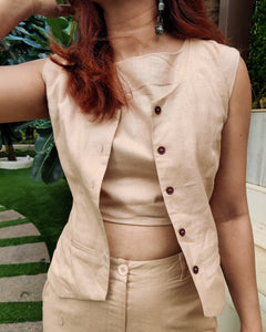 BEIGE SLEEVELESS JACKET PAIRED HIGH NECK TUBE TOP AND INVERTED PLEATED PANTS SET