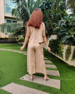 Load image into Gallery viewer, BEIGE SLEEVELESS JACKET PAIRED HIGH NECK TUBE TOP AND INVERTED PLEATED PANTS SET

