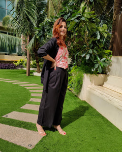 BLACK BELL-BOTTOM PANT WITH LONG BLAZER AND PEACH PRINTED VESTCOAT