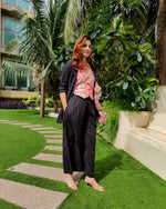 Load image into Gallery viewer, BLACK BELL-BOTTOM PANT WITH LONG BLAZER AND PEACH PRINTED VESTCOAT
