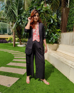 Load image into Gallery viewer, BLACK BELL-BOTTOM PANT WITH LONG BLAZER AND PEACH PRINTED VESTCOAT
