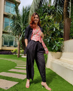 Load image into Gallery viewer, BLACK BELL-BOTTOM PANT WITH LONG BLAZER AND PEACH PRINTED VESTCOAT
