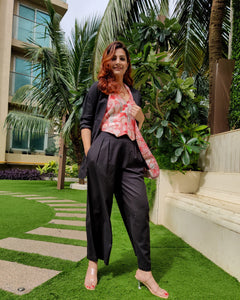 BLACK BELL-BOTTOM PANT WITH LONG BLAZER AND PEACH PRINTED VESTCOAT