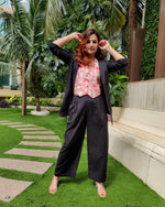Load image into Gallery viewer, BLACK BELL-BOTTOM PANT WITH LONG BLAZER AND PEACH PRINTED VESTCOAT
