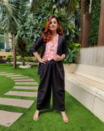 Load image into Gallery viewer, BLACK BELL-BOTTOM PANT WITH LONG BLAZER AND PEACH PRINTED VESTCOAT
