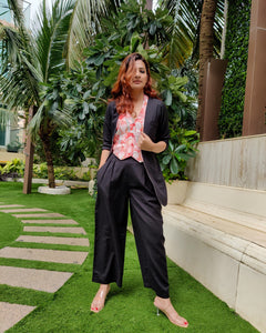BLACK BELL-BOTTOM PANT WITH LONG BLAZER AND PEACH PRINTED VESTCOAT