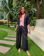 Load image into Gallery viewer, BLACK BELL-BOTTOM PANT WITH LONG BLAZER AND PEACH PRINTED VESTCOAT
