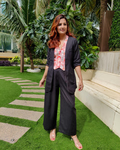 BLACK BELL-BOTTOM PANT WITH LONG BLAZER AND PEACH PRINTED VESTCOAT