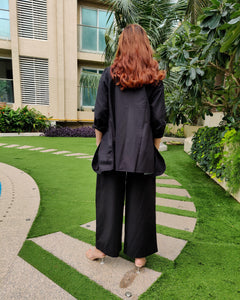 BLACK BELL-BOTTOM PANT WITH LONG BLAZER AND PEACH PRINTED VESTCOAT
