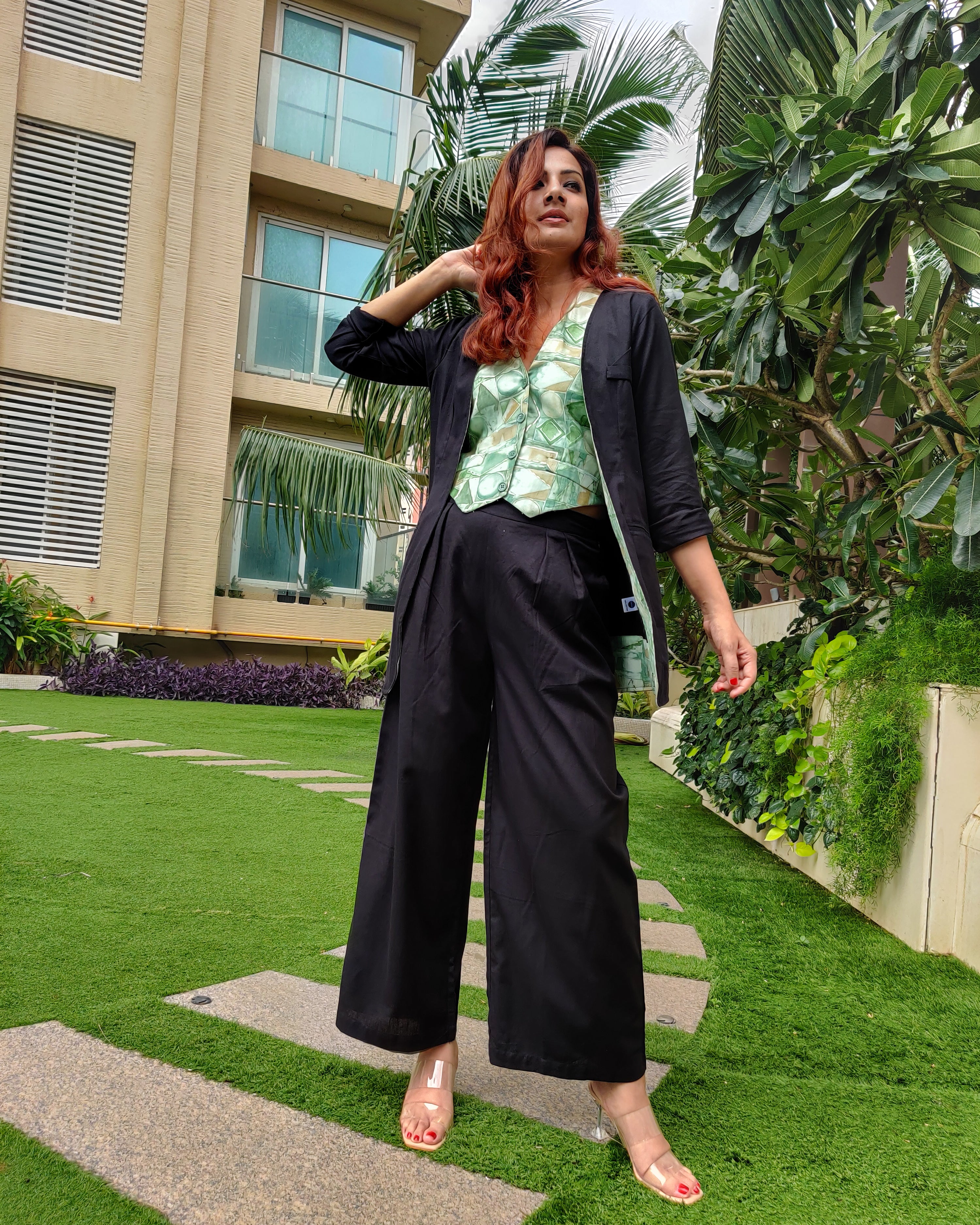 BLACK BELL-BOTTOM PANT WITH LONG BLAZER AND GREEN PRINTED VESTCOAT