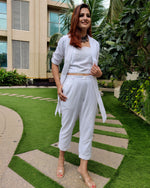 Load image into Gallery viewer, WHITE LONG JACKET CO ORD WITH TUBE BUSTIER &amp; PANTS
