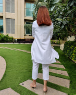 Load image into Gallery viewer, WHITE LONG JACKET PANTS CO ORD WITH PRINTED TUBE BUSTIER
