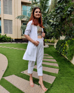 Load image into Gallery viewer, WHITE LONG JACKET PANTS CO ORD WITH PRINTED TUBE BUSTIER
