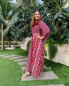 RED PRINTED TWO TONE FLARE TOP PAIRED WITH LONG SKIRT WITH SLIT